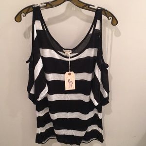 Black and White Stripe Cold Shoulder Top